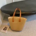 Large capacity summer woven straw tote bag with brown leather handles - 42*28*13cm / Plain Fine Texture Khaki