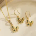 Elegant gold plated jewelry set featuring hollow butterfly design with green zircons - Vintage Butterfly 2-Piece Set (80491) / 3-Piece Set (Earrings + Pendant + Chain) / Gold Tone (Emerald Green Zirconia)