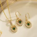 Vintage emerald green heart zircon necklace and earrings jewelry set with gold bow details - Bowknot Heart 2-Piece Set (80493) / 3-Piece Set (Earrings + Pendant + Chain) / Gold Tone (Emerald Green Zirconia)