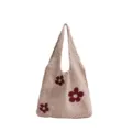 Bolso de hombro de punto beige de verano con motivos florales rojos decorativos - Estilo Tejido de Flores / Caqui Con Flor Roja