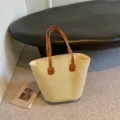 Large woven straw tote bag with brown faux leather handles for summer beach vacations - 42*28*13cm / Plain Fine Texture Beige