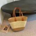 Large capacity straw woven tote bag in natural brown and cream color block - 42*28*13cm / Five Strand Braid Khaki Beige