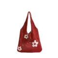 Este bolso de hombro de malla tejida roja con flores blancas, gran bolsa de compra - Estilo Tejido de Flores / Rojo Oscuro