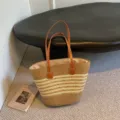 Stylish woven straw tote bag with brown faux leather handles and beige striped pattern - 42*28*13cm / Five Strand Braid Khaki Mixed Beige