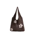 Bolso tote de ganchillo marrón con flores blancas y diseño de malla calada - Estilo Tejido de Flores / Café