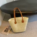 Hand-woven large straw tote bag for summer beach trips with brown leather-style straps. - 42*28*13cm / Five Strand Braid Pure Cream White