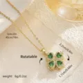 Elegant gold four-leaf clover pendant necklace with rotatable green heart stones and dimensions - Green Heart Gemstone Rotating Style (80464) / With Stainless Steel Chain