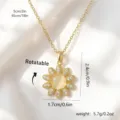 Gold rotatable sunflower fidget necklace with crystal petals and dimension details - Opal Look Daisy with Green Leaves Style (80439) / Adjustable Length