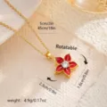 Rotatable red enamel flower pendant necklace with a central zircon in a polished golden finish - Red Floral Pendant (80447) / With Stainless Steel Chain