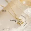 Gold rotatable flower pendant necklace with white crystals, including size and weight details - Style 80457 (With Stainless Steel Chain)