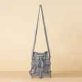 Stylish grey knitted pleated mini crossbody phone bag featuring a unique drawstring closure - Gray