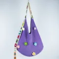 Purple crochet shoulder bag, lazy style knit hobo bag with colorful flower straps and decor. - Small Flower Style / Purple