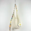 Beige knit shoulder bag with colorful crochet strap and white flower, casual resort style. - Large Flower Pattern / Beige