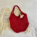 Bohemian style red knitted hollow-out tote bag with large capacity for beach travel - With Tulip Ornament (ZZB Diamond Pattern Bag) / Red