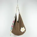 Brown crochet hobo shoulder bag with colorful strap and cute white flower knit design - Large Flower Pattern / Dark Khaki