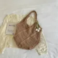 Handmade brown crochet tote bag with bohemian hollow-out design for beach and travel - With Tulip Ornament (ZZB Diamond Pattern Bag) / Khaki