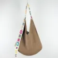 Brown knitted shoulder bag with colorful crochet floral strap, casual slouchy hobo daily bag. - Plain Style / Dark Khaki
