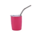Tragbarer rosa 2oz doppelwandiger Mini-Kaffeebecher aus Edelstahl mit Strohhalm - Mit Deckel und Strohhalm / Fuchsia