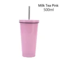 Θερμός καφέ 500ml από ανοξείδωτο ατσάλι με μεταλλικό καλαμάκι σε ροζ χρώμα ταξιδιού - Ροζ