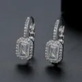 Elegant vintage silver emerald-cut halo leverback earrings with clear cubic zirconia stones - Rhodium (NEB2233-Rh)