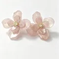 Detailed view of pink pearlescent flower stud earrings with gold stamen centers - Gold Flower Stud Earrings (E5538) / Pink