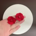 Elegant sweet red flower stud earrings with fabric petals and gem center for beach style - Matte Petal Rhinestone Stud Earring (E5418) / Red