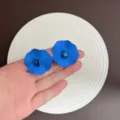 Elegant blue flower stud earrings featuring a sparkling central blue crystal accent - Matte Petal Rhinestone Stud Earring (E5418) / Blue