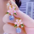 Elegant pink floral drop earrings featuring a sparkling round crystal for a summer beach look - Enamel Floral Rhinestone Style (E5365) / Gold Pink