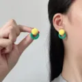 Vibrant dopamine-style yellow and green resin earrings in a modern color-block design. - Dopamine Color Blocking Ring Style / Green & Yellow (E5477)