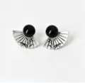 Elegant silver-toned fan earrings featuring black round beads and bamboo pattern details - Chinese Fan Bamboo Leaf Studs (E5497) / Thick Silver and Black (E5497)