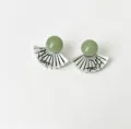 Elegant fan-shaped stud earrings with light green beads and black bamboo motifs - Chinese Fan Bamboo Leaf Studs (E5497) / Thick Silver and Green (E5497)