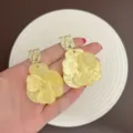 Elegant yellow resin flower drop earrings featuring textured gold square studs for summer - Gold Yellow Style (E3922)