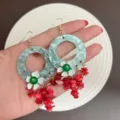 Bohemian style blue marble resin hoop earrings with vibrant red shell flower tassels - Bohemian Floral Tassel Earrings (E5489) / Gold (E5489)