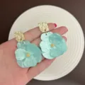 Elegant mint green acrylic flower drop earrings with gold textured studs for summer - Gold Blue Style (E3922)