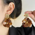 Elegant brown floral drop earrings with gold textured studs for summer beach vacation - Four-Petal Flower Drop Style (E3922) / Light Burgundy Champagne