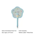 Handcrafted light blue flower-shaped wheat straw woven hand fan featuring floral embroidery - Embroidered Flower Style / 26*15.5cm