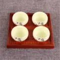 Elegant Japanese style wooden tea tray with rattan base and 4 painted ceramic cups - 18*18*2cm