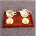 Premium Japanese style wooden tray with rattan weave and ceramic bird floral tea set - 30*20*2cm