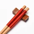 Japanese style wooden chopsticks with red thread wrap and matching rest on white - With Wood Chopstick Rest / 23.5cm / Natural Wood Red Thread