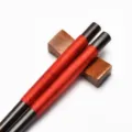 Japanese style dark wood pointed chopsticks with red thread wrap and matching rest - With Wood Chopstick Rest / 23.5cm / Dark Wood Red Thread