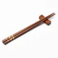 Handcrafted Japanese style wooden chopsticks with decorative stripes and matching rest - Style 14 (Dark Brown Gold Line Stripe)