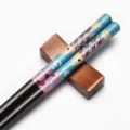 Premium Japanese style wooden chopsticks featuring a colorful fish print and pointed tips - Blue Fish and Purple Patterns (Style 02)