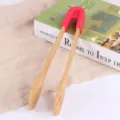 Natural bamboo food tongs with red silicone handle for kitchen salad and BBQ serving - Round Style / Red