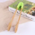Bamboo food tongs with green silicone handle for serving bread, BBQ and salad service - Round Style / Green