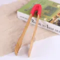 Eco-friendly natural bamboo food tongs with red heat-resistant silicone handle grip - Square Style / Red