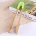 Professional eco-friendly bamboo food tongs with green silicone handle for bread and BBQ - Square Style / Green