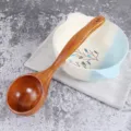 Long handle wooden soup spoon with natural grain finish and hanging hole for home cooking - Large Nanmu Water Ladle