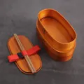 Bento box giapponese tradizionale a due strati in legno con fascia elastica rossa - Stile Rettangolare Arrotondato a Doppio Strato (Modello D)