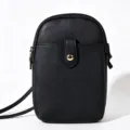 Minimalistische zwarte crossbody telefoontas met Saffiano-structuur en goudkleurige rits - 14x4x20.5cm / Zwart