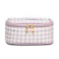 Draagbare paars-wit geblokte cosmetische tas met elegante gouden dubbele ritsen - 18x8x14.5cm / Paars Wit Ruit